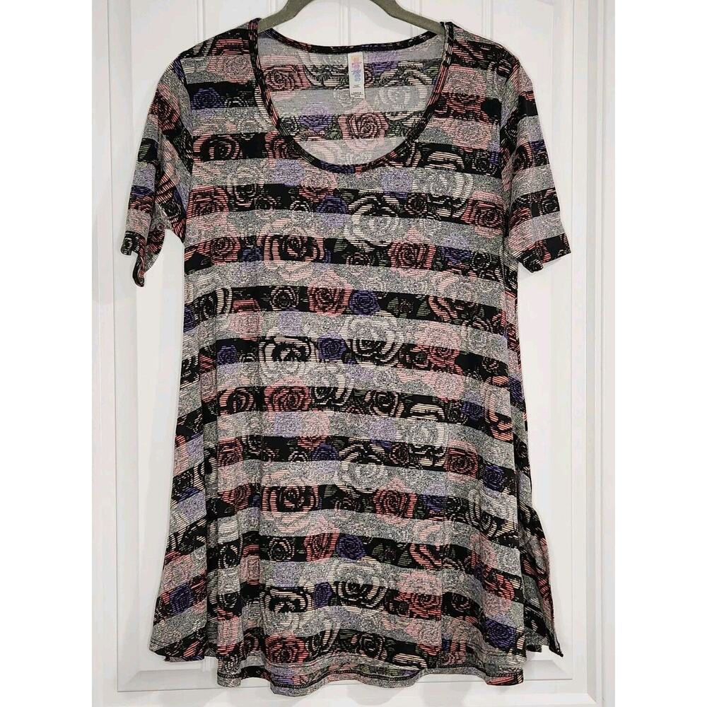 LULAROE TUNIC TOP XXS BLACK GRAY FLORAL STRIPE SHORT SLEEVE